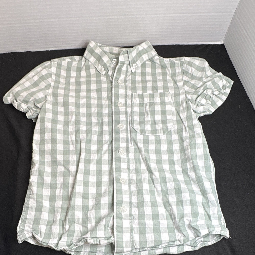 Wonder Nation Boys 5-6Y Green/White Check Short Sleeve Button-Up Shirt Pockets